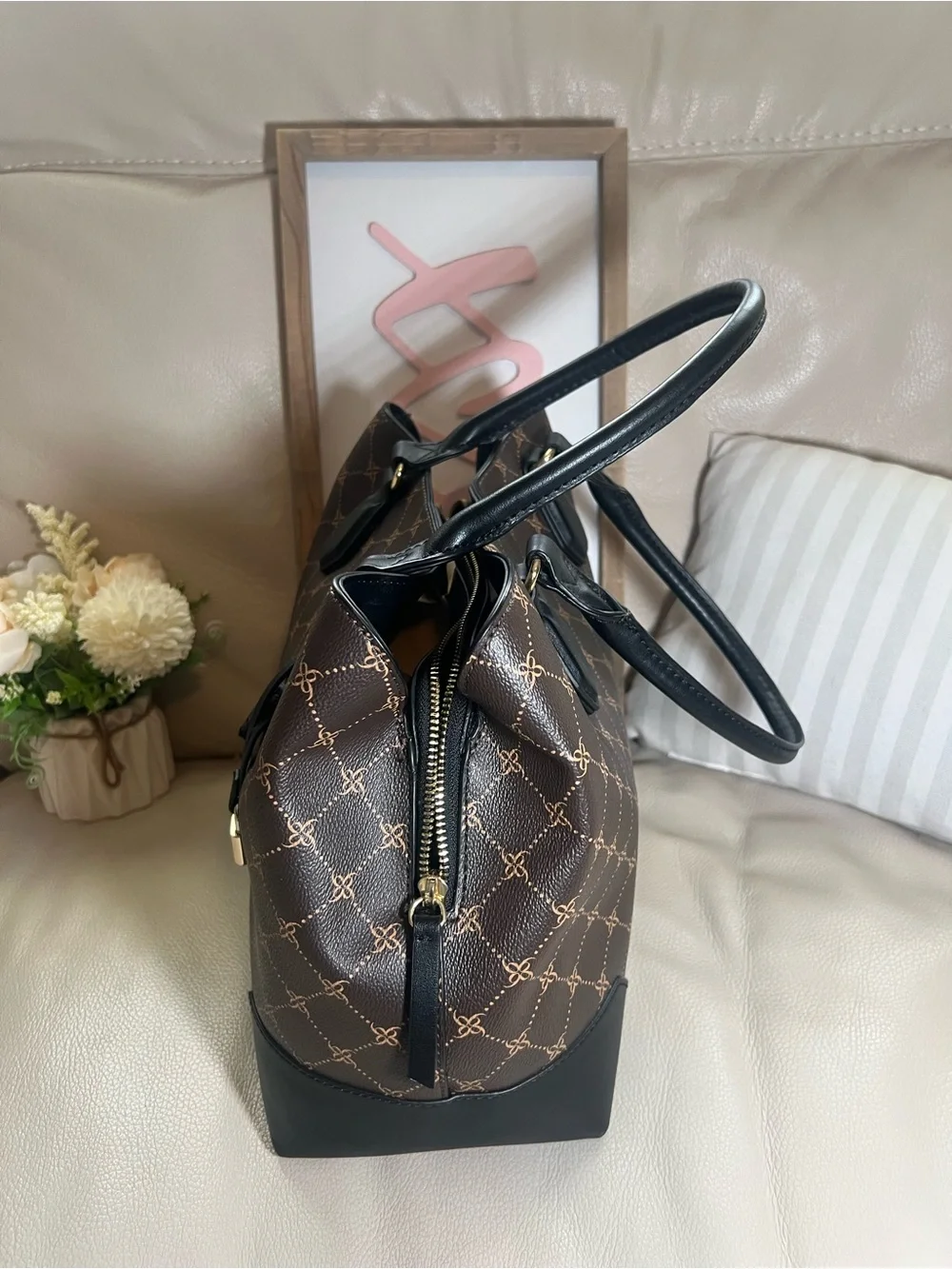 Nine West Brown Patterned Satchel with Black Trim and Gold Hardware